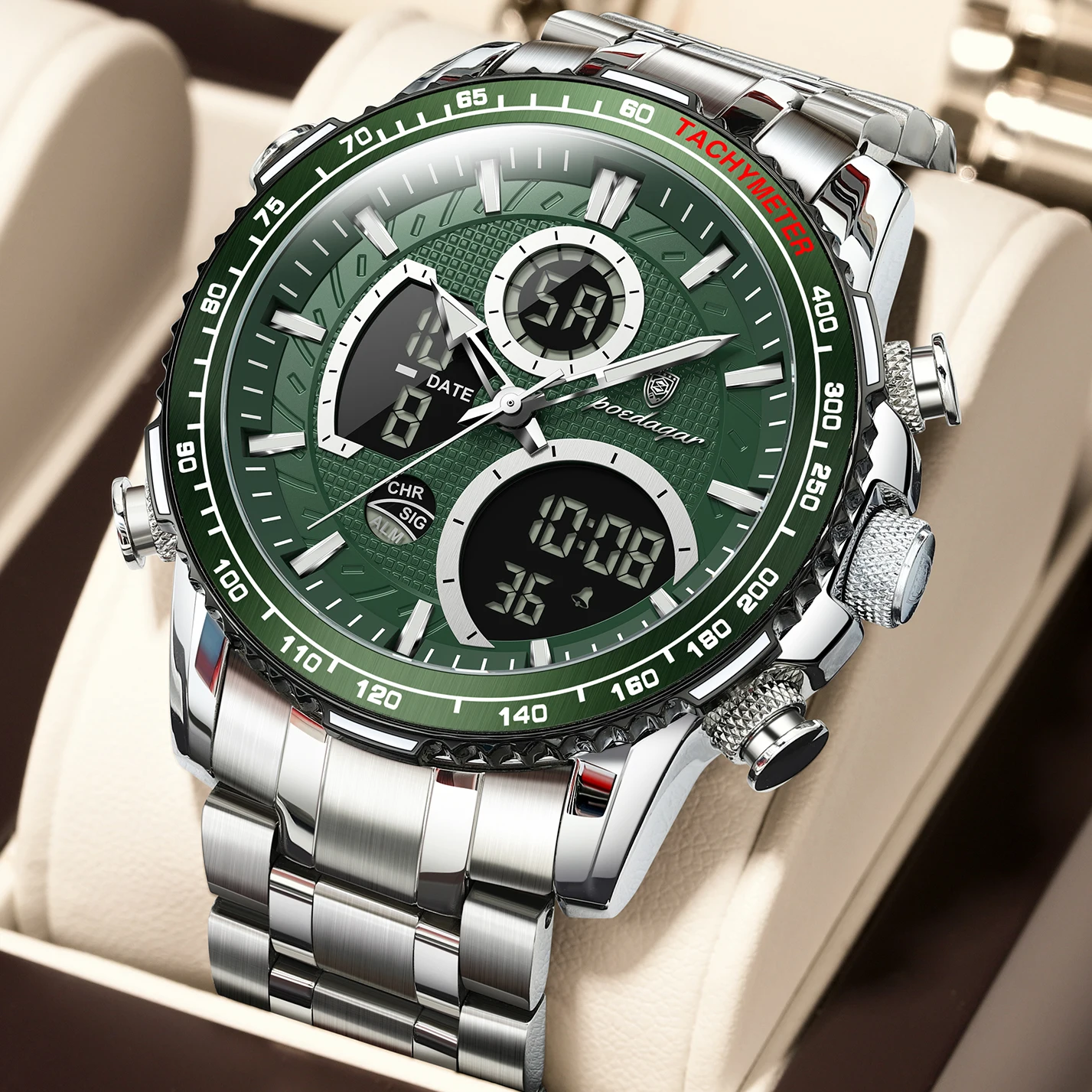 POEDAGAR E127 Men's Chronograph Dual Display Watch