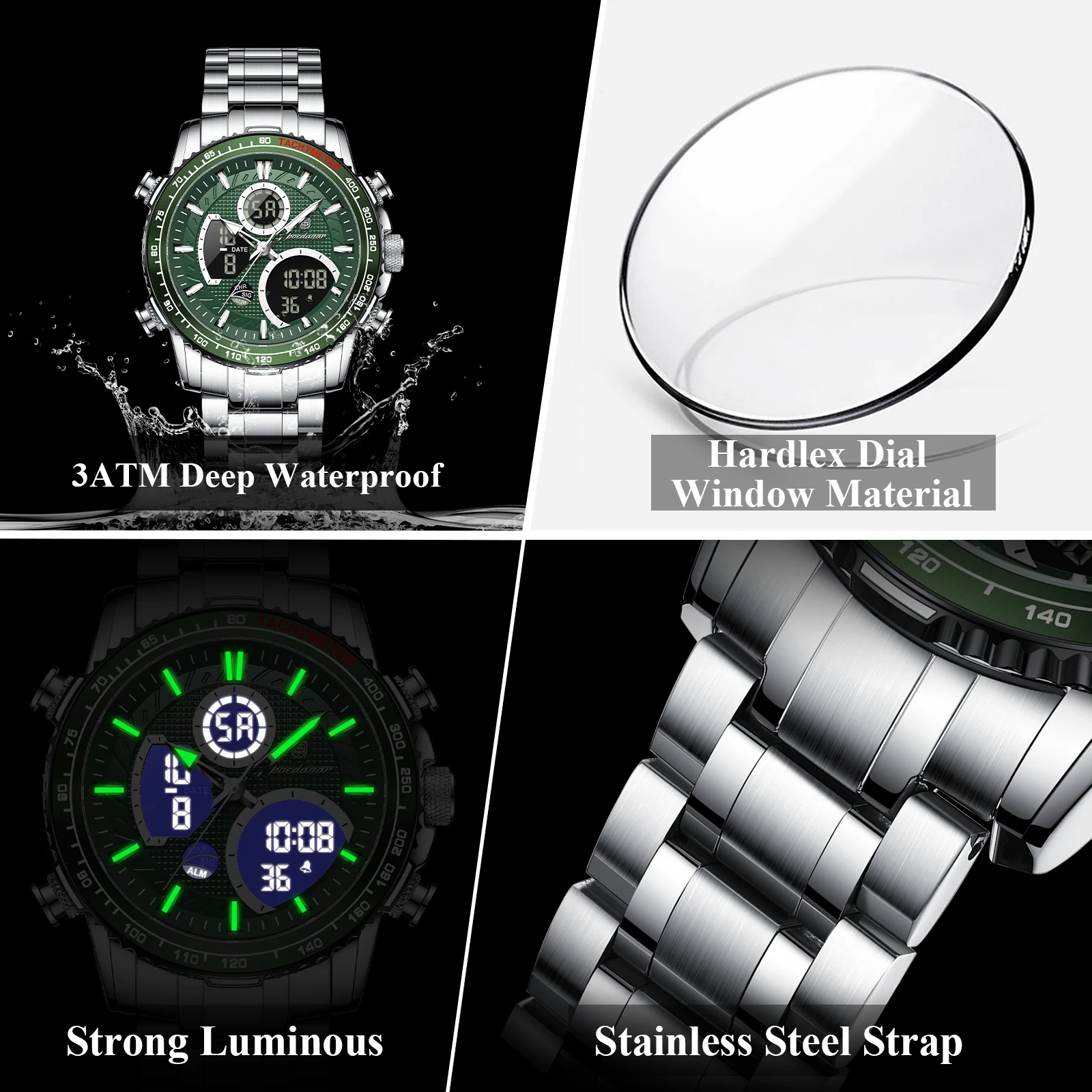POEDAGAR E127 Men's Chronograph Dual Display Watch - Product Image 4