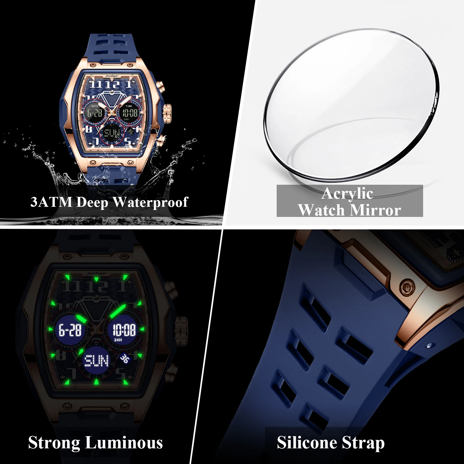 POEDAGAR 636 Men's Chronograph Dual Display Watch - Product Image 4